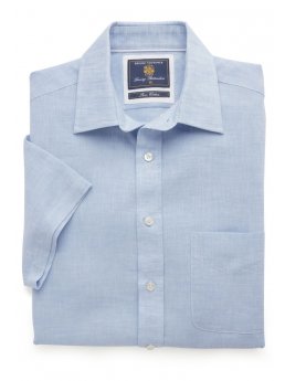 Chemise  manches courtes bleue unie coton / lin