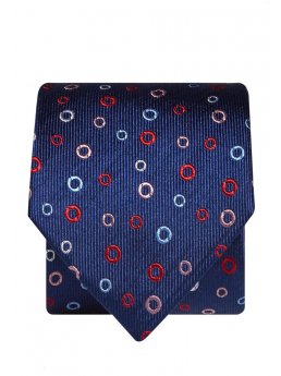 Cravate 100% soie bleu marine  cercles rouge, lilas et bleu