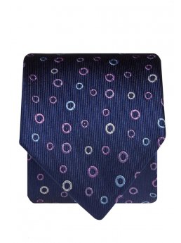 Cravate 100% soie bleu marine  cercles violet, bleu clair et argent