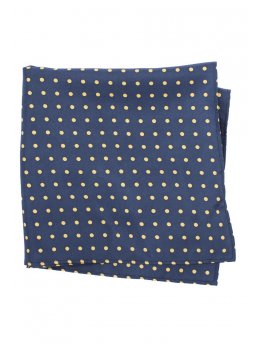 Mouchoir de poche 100% soie bleu marine à pois jaunes