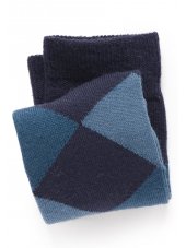 Chaussettes bleu marine/bleu ptrole motif losange 60% laine de mrinos, 40% nylon, 10,5 longueur de jambe