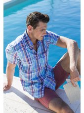 Chemise  col boutonn manches courtes bleu marine, bleu, jaune, rouge, blanc et orange