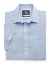 Chemise  manches courtes bleue unie coton / lin