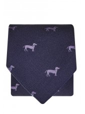 Cravate 100% soie bleu marine  motif chien violet